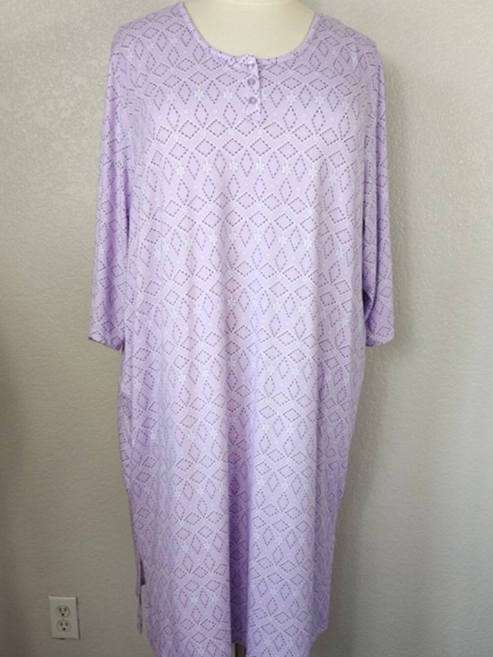 Muk Luks 2X Nightgown Purple Geo Print Pocket Midi Length Jersey Knit 3/4 Sleeve